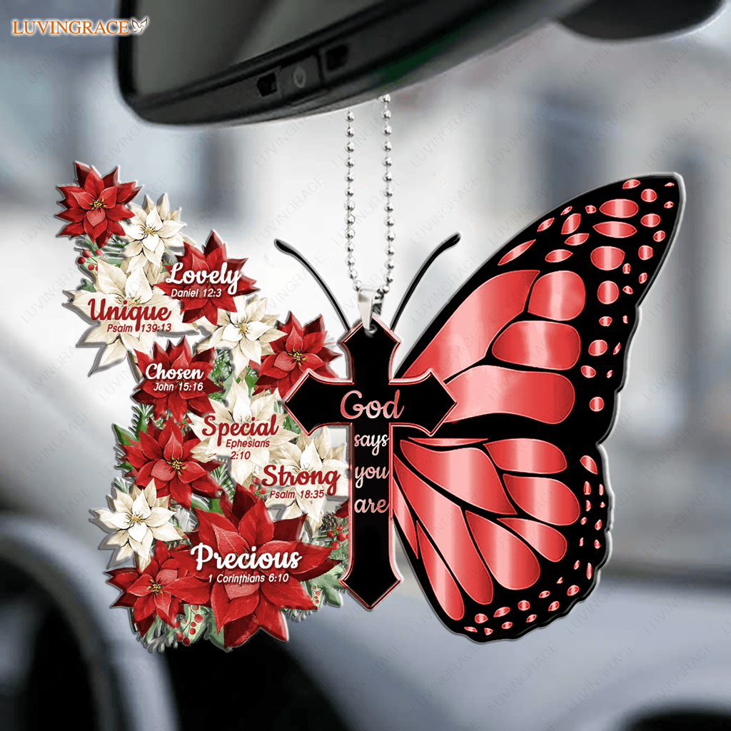 Poinsettia Butterfly Cross God Says You Are Ornament