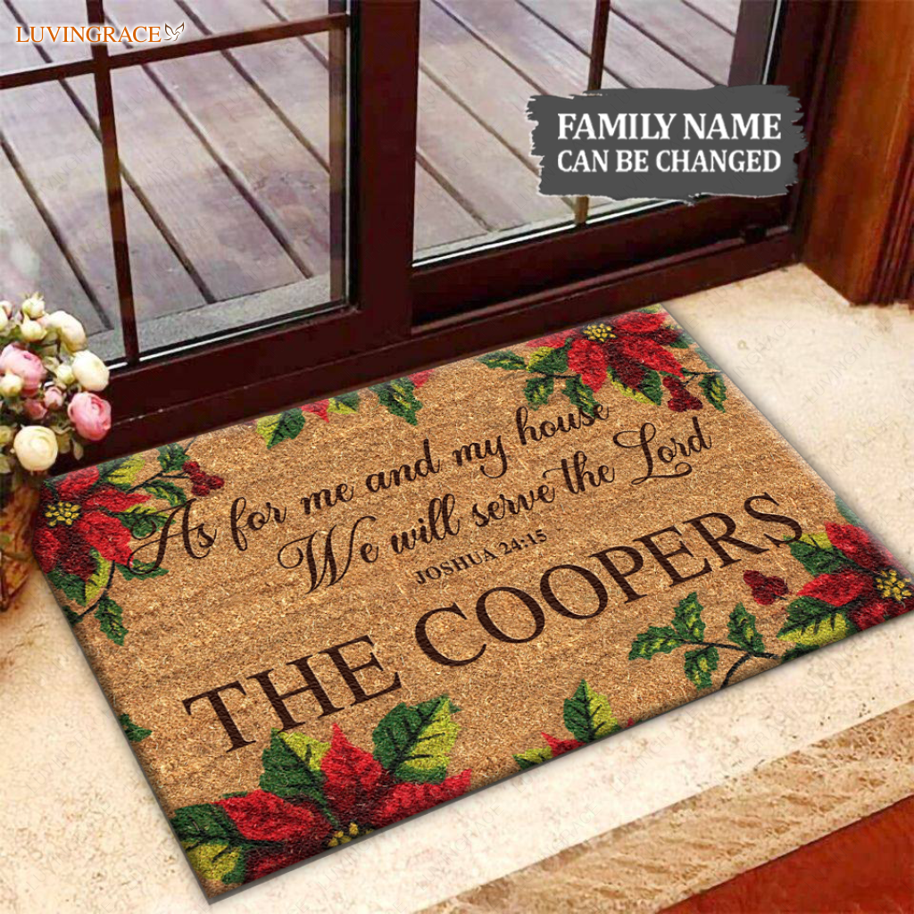 Poinsettia Christmas Serve The Lord Personalized Door Mat Doormat