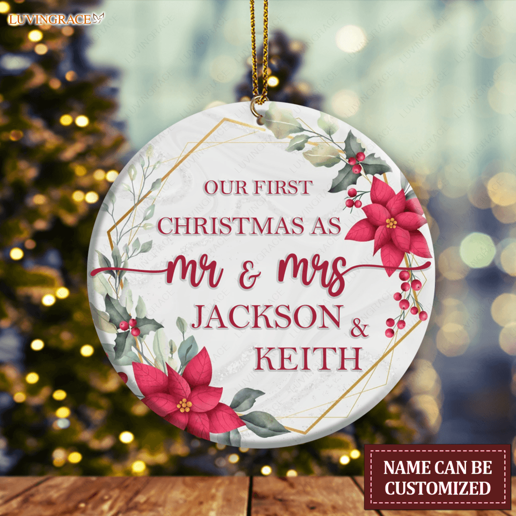Poinsettia Floral Golden Frame Our First Christmas Couple Personalized Ornament Ceramic