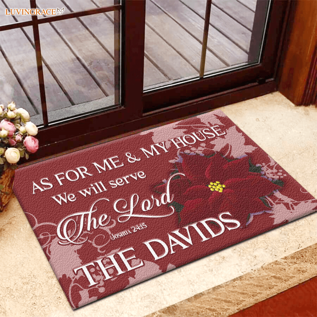 Poinsettia Serve The Lord Personalized Doormat