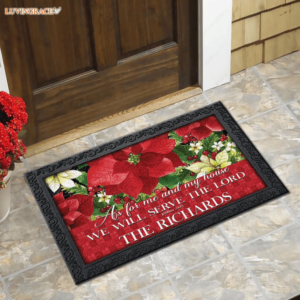 Poinsettia Welcome Christmas Floral Serve The Lord Personalized Door Mat Doormat