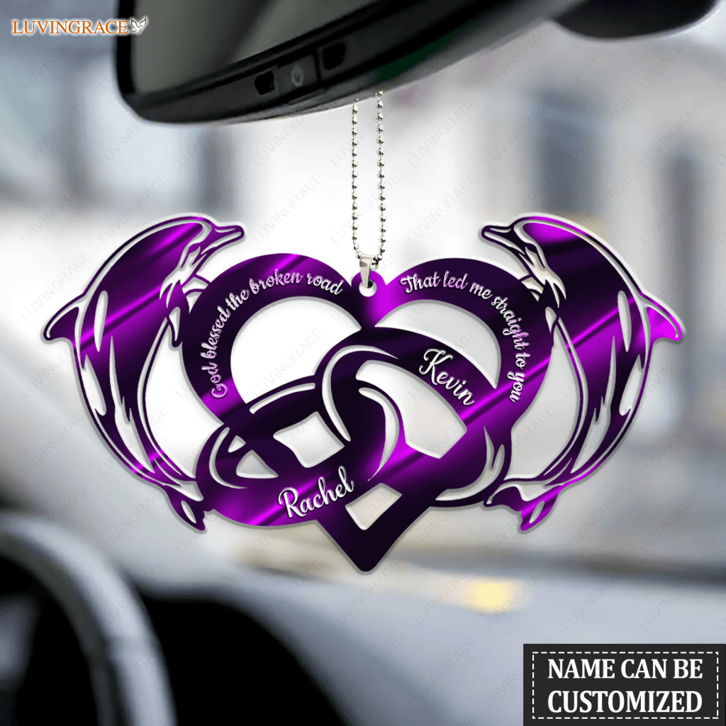 Purple Dolphin And Couple Rings God Blessed Personalized Ornament