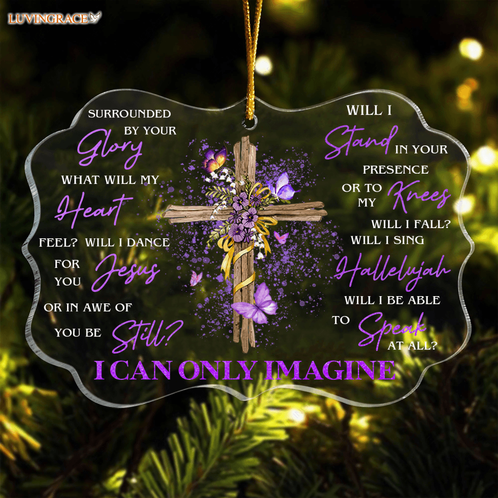 Purple Flower Cross And Butterfly Surrounded By Your Glory Transparent Ornament