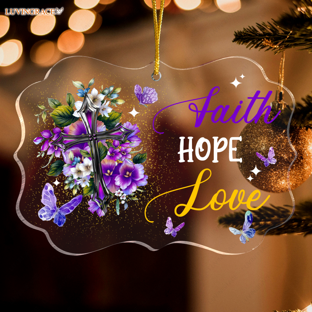 Purple Flower Cross Butterfly Faith Hope Love Transparent Ornament