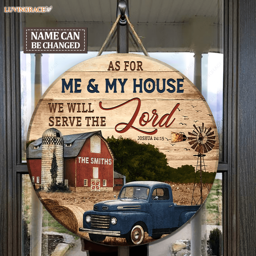 Red Barn Serve The Lord Personalized Wood Circle Sign