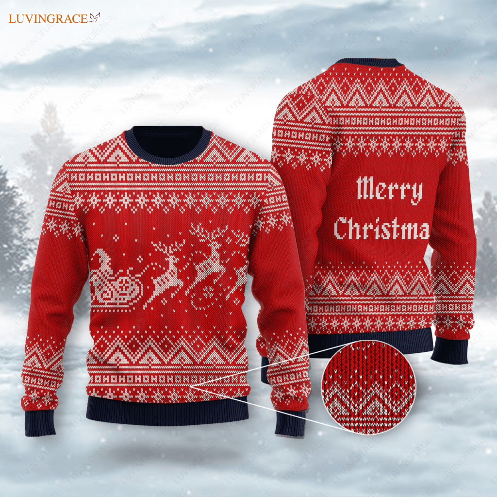 Red Christmas Santa Reindeer Wool Knitted Pattern Ugly Sweater Sweatshirt