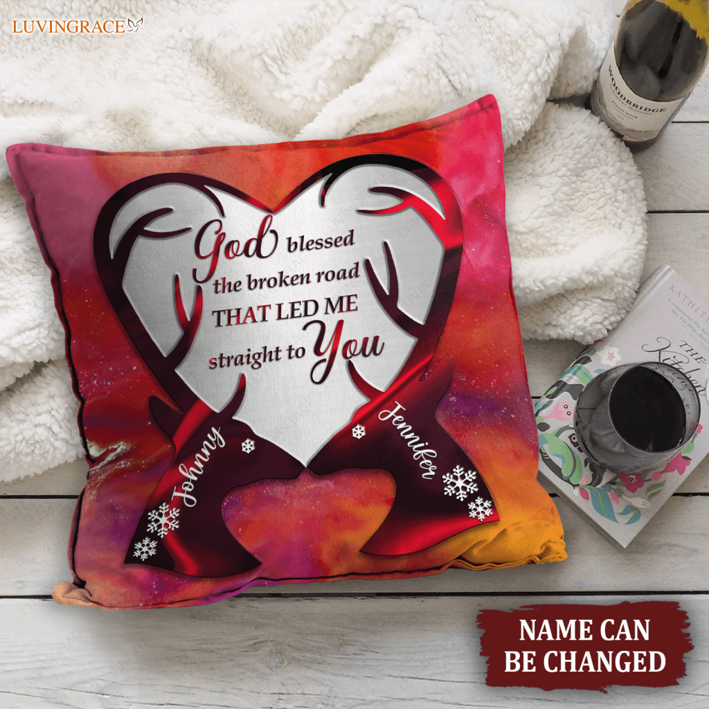 Red Hologram Deer Couple God Blessed Personalized Pillow