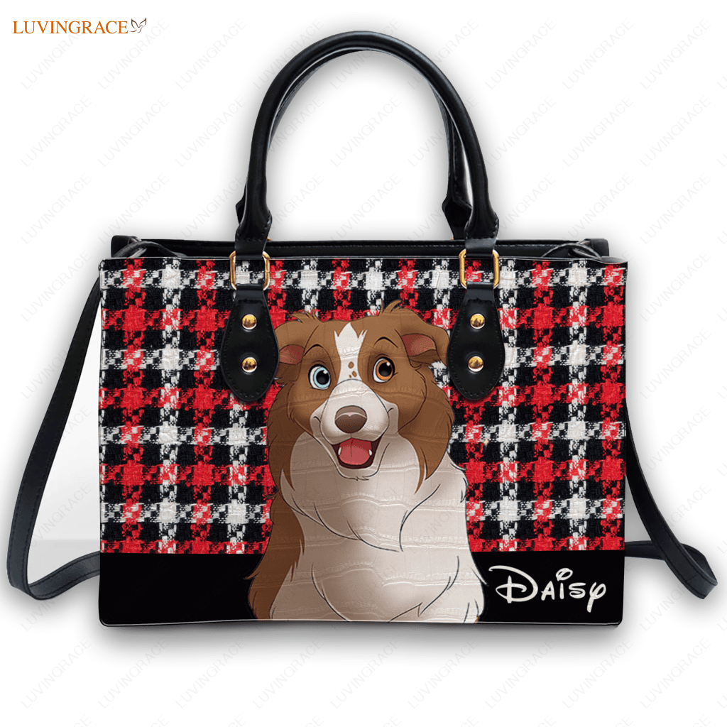 Red Tartan Plaid Cartoon Pet Digital Painting Portrait - Personalized Custom Leather Bag Handbags