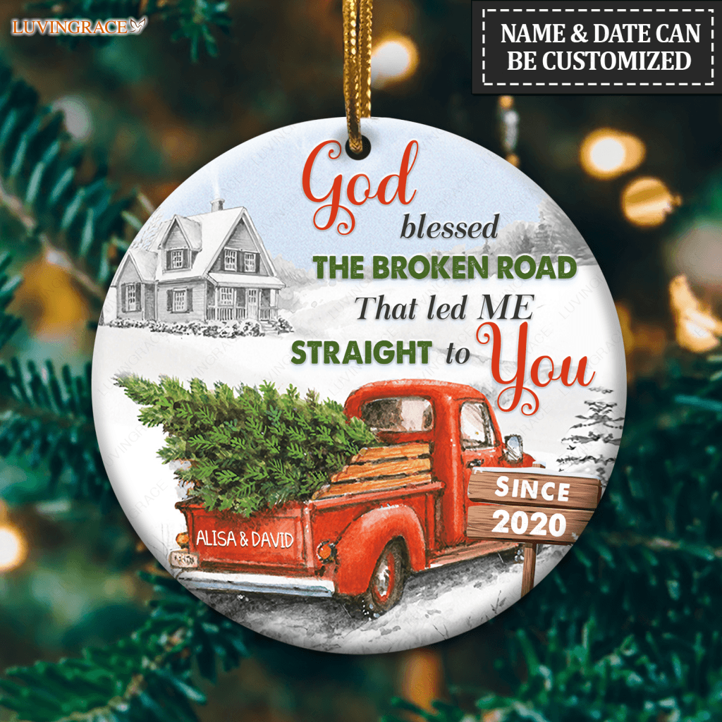 Red Truck Christmas God Blessed Personalized Ceramic Ornament