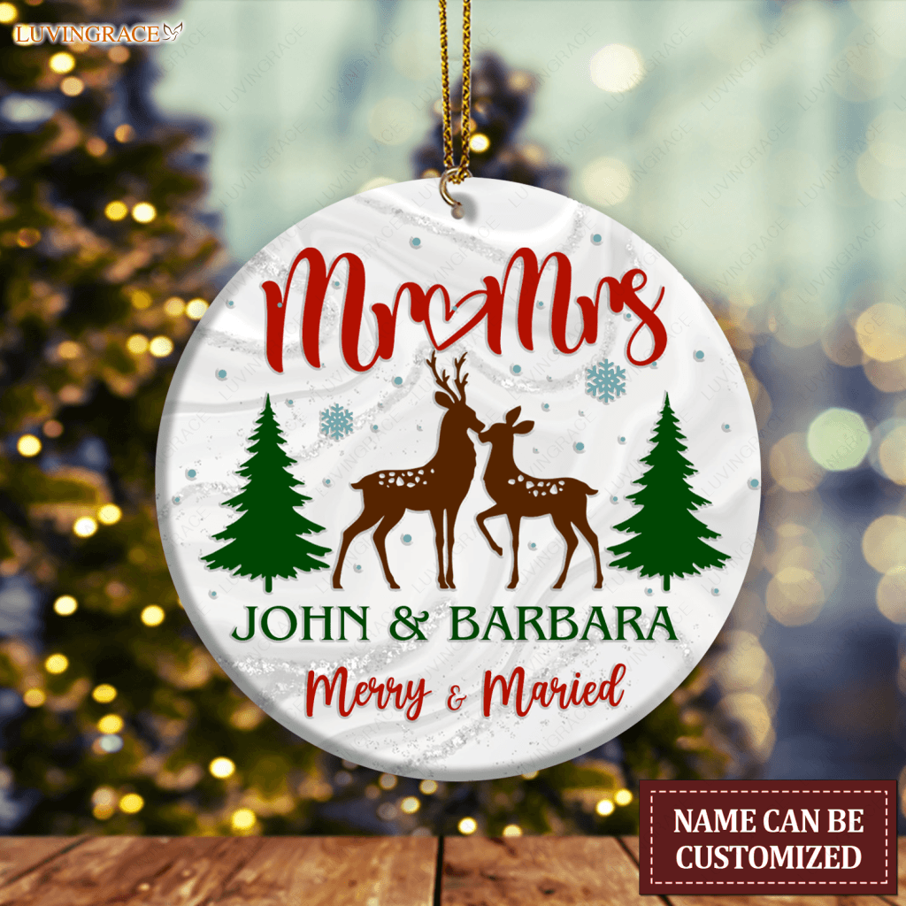 Reindeer Christmas Pine Merry And Married Personalized Ornament Ceramic