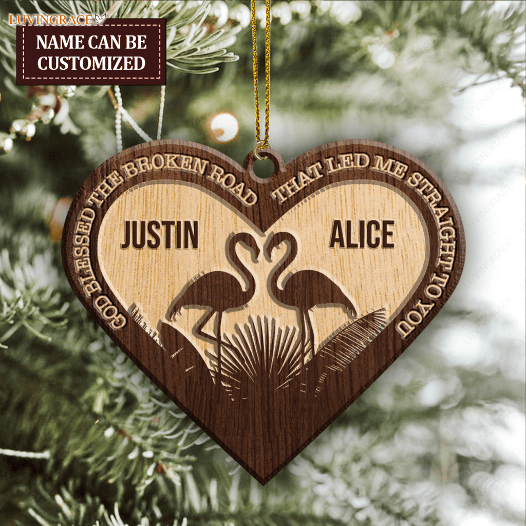 Romantic Flamingo Couple God Blessed Personalized Wood Engraved Ornaments Wooden Ornament