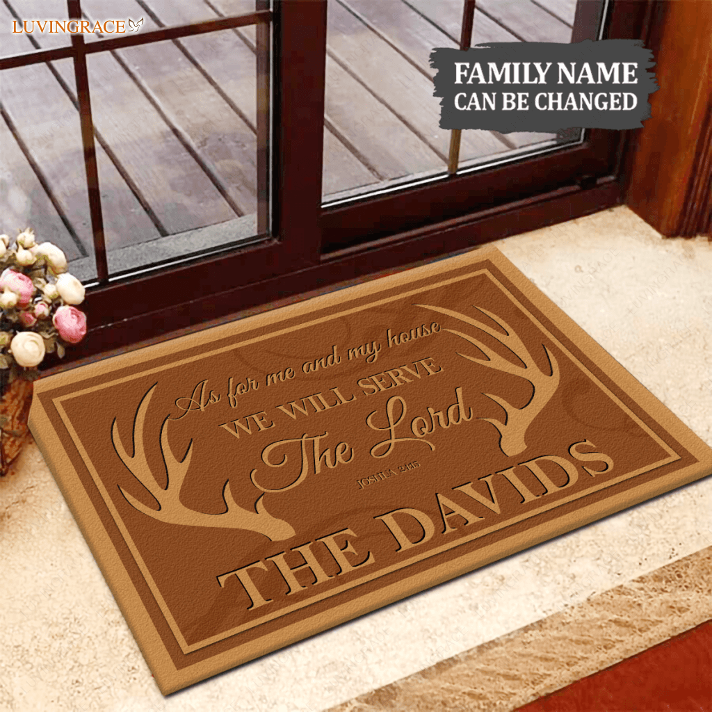 Rustic Buck Antlers Serve The Lord Personalized Doormat