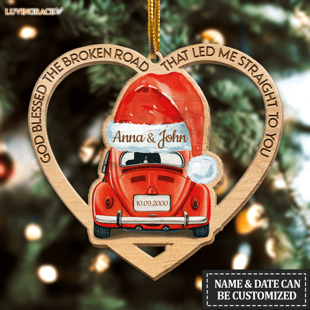 Santa Hat Truck God Blessed Personalized Wooden Ornament