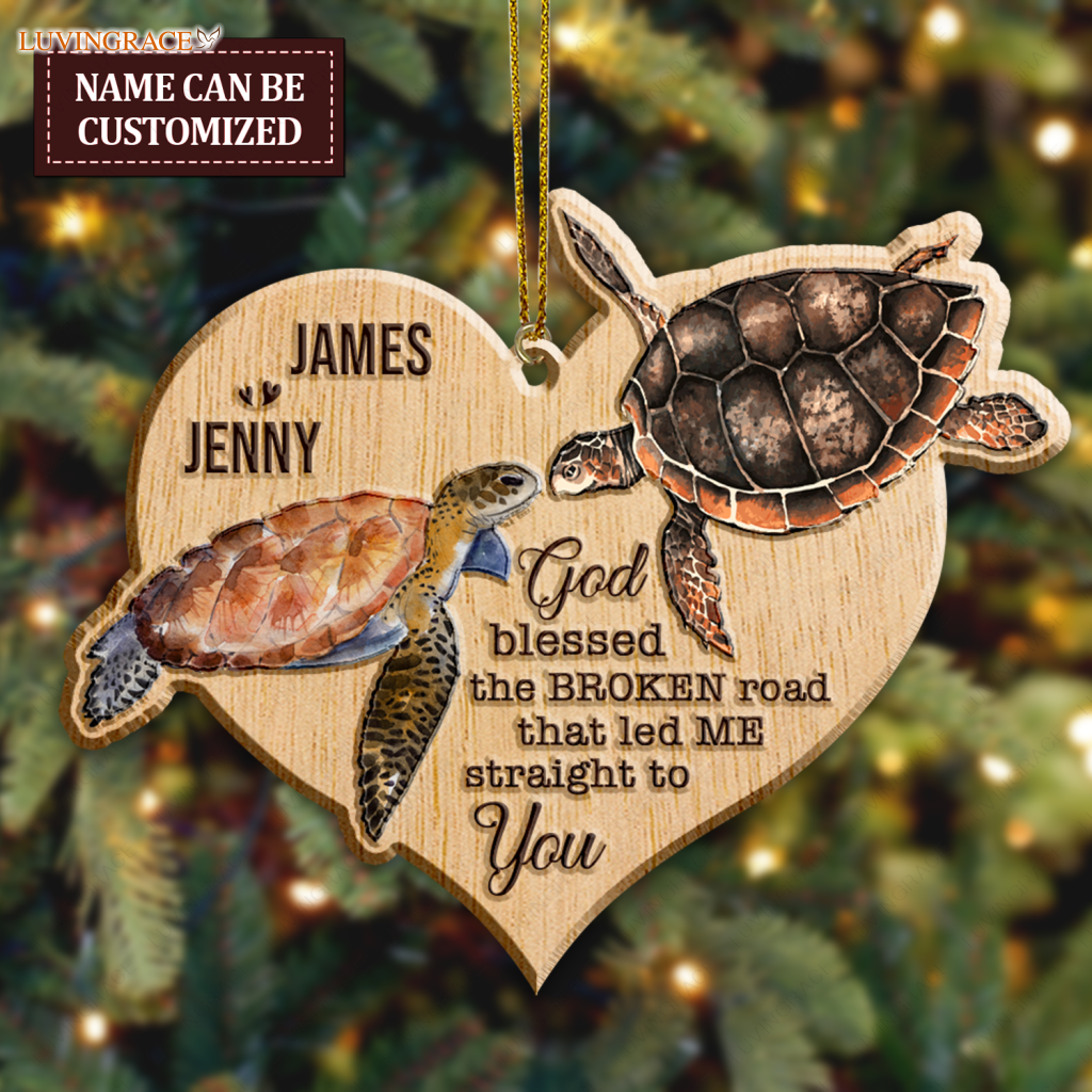 Sea Turtle Couple God Blessed Personalized Wood Engraved Ornaments Wooden Ornament