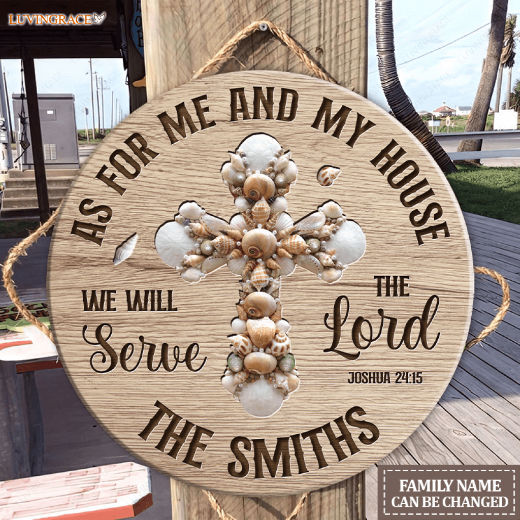 Seashell Cross As For Me And My House Personalized Wood Circle Sign