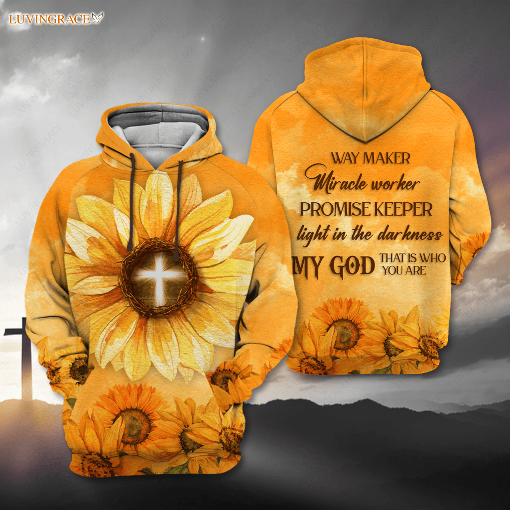 Sunflower Cross Christ Crown Of Thorns Way Maker Miracle Worker Hoodie / S