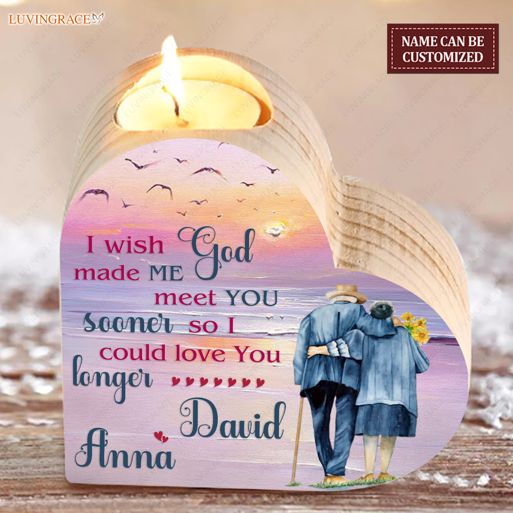 Sunset On Beach Old Couple God Blessed Personalized Candle Holder Heart Shaped
