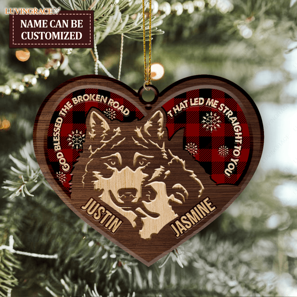 Tartan Wolf Couple God Blessed Personalized Wood Engraved Ornaments Wooden Ornament