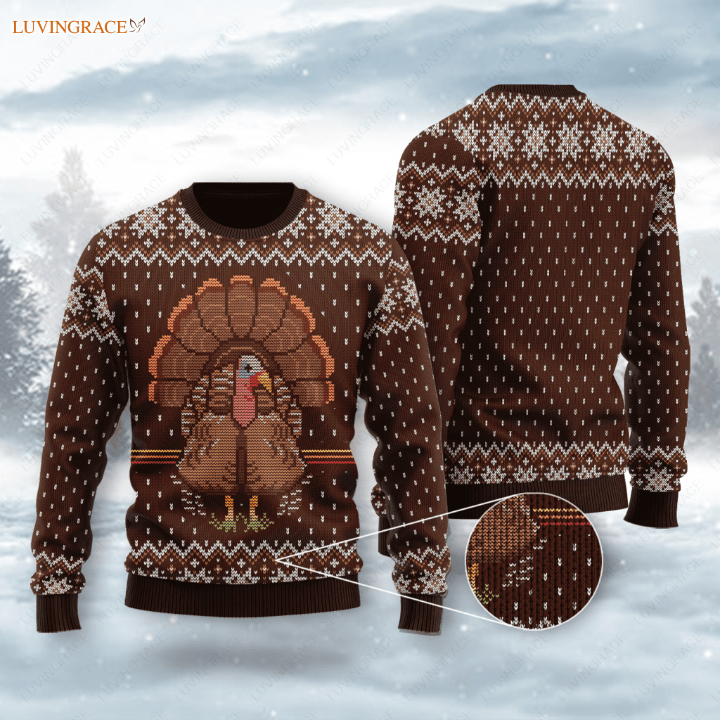 Thanksgiving Brown Turkey Knitted Pattern Ugly Sweater Wool Sweatshirt