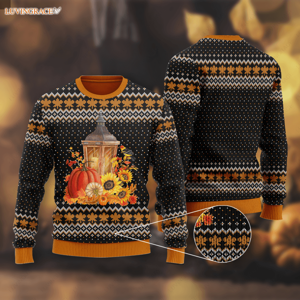 Thanksgiving Maple Pumpkin Floral Wool Knitted Pattern Ugly Sweater Sweatshirt