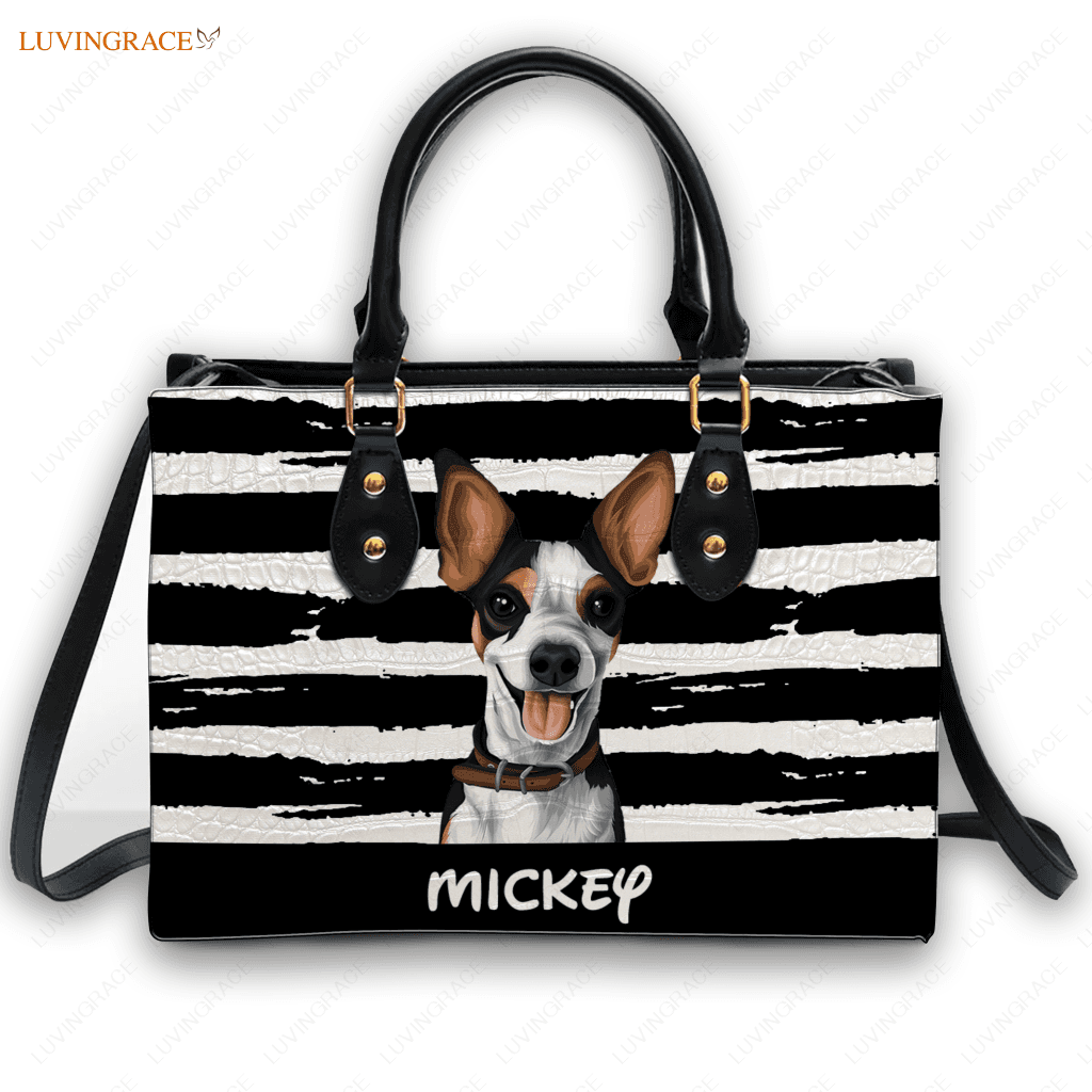 Vintage Black And White Lines Pet Art - Personalized Custom Leather Bag Handbags