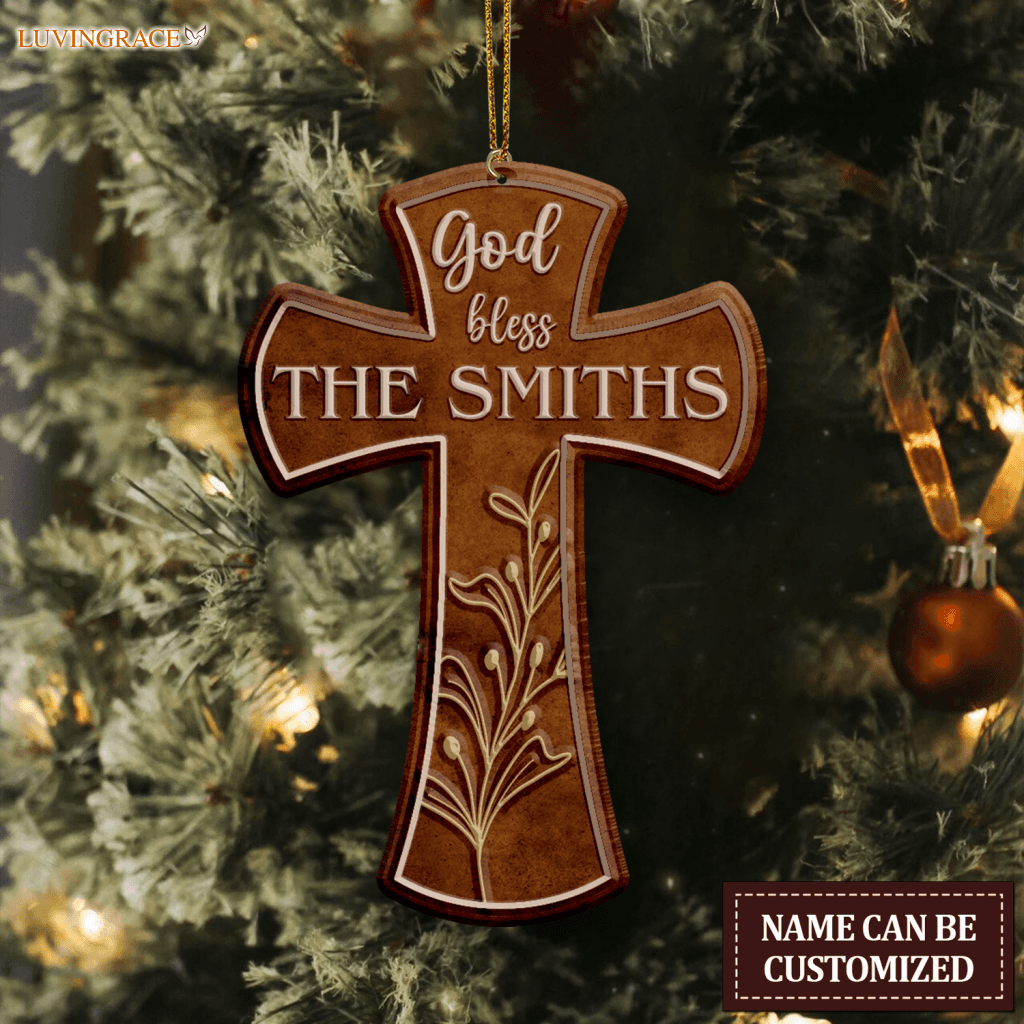 Vintage Cross God Blessed Family Name Personalized Ornament