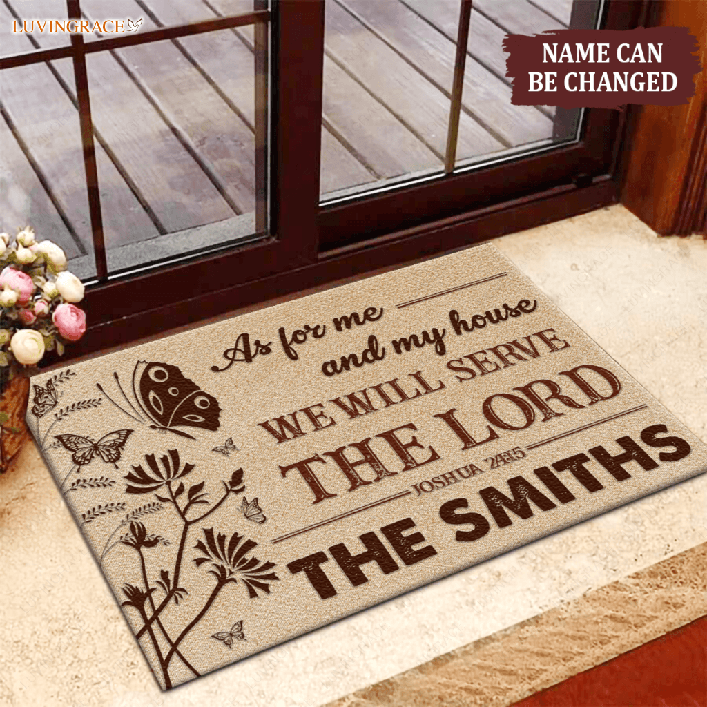 Vintage Floral Butterfly As For Me And My House Collection Family Name Personalized Doormat