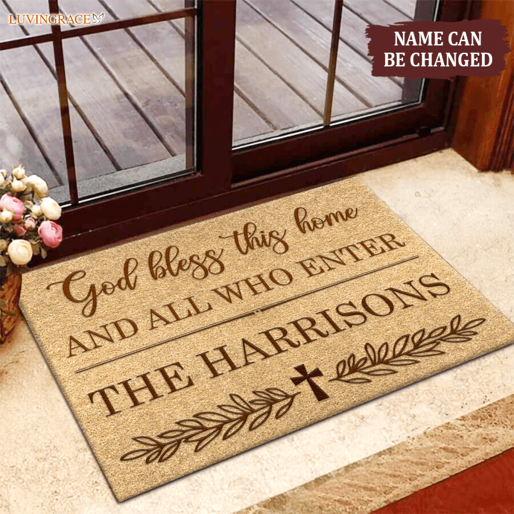 Vintage Floral Cross God Bless This Home Personalized Doormat