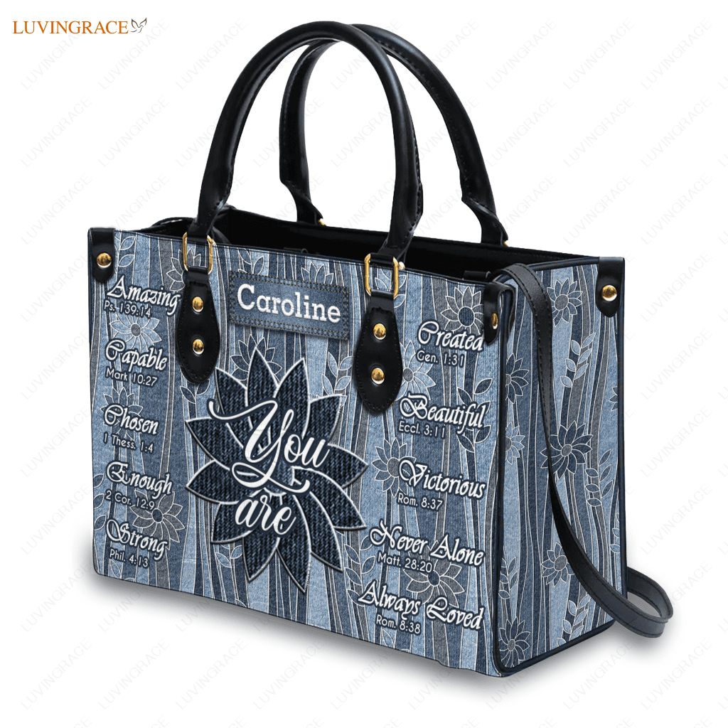 Vintage Flower On Jean Pattern Identity In Christ You Are - Personalized Custom Leather Bag Handbags