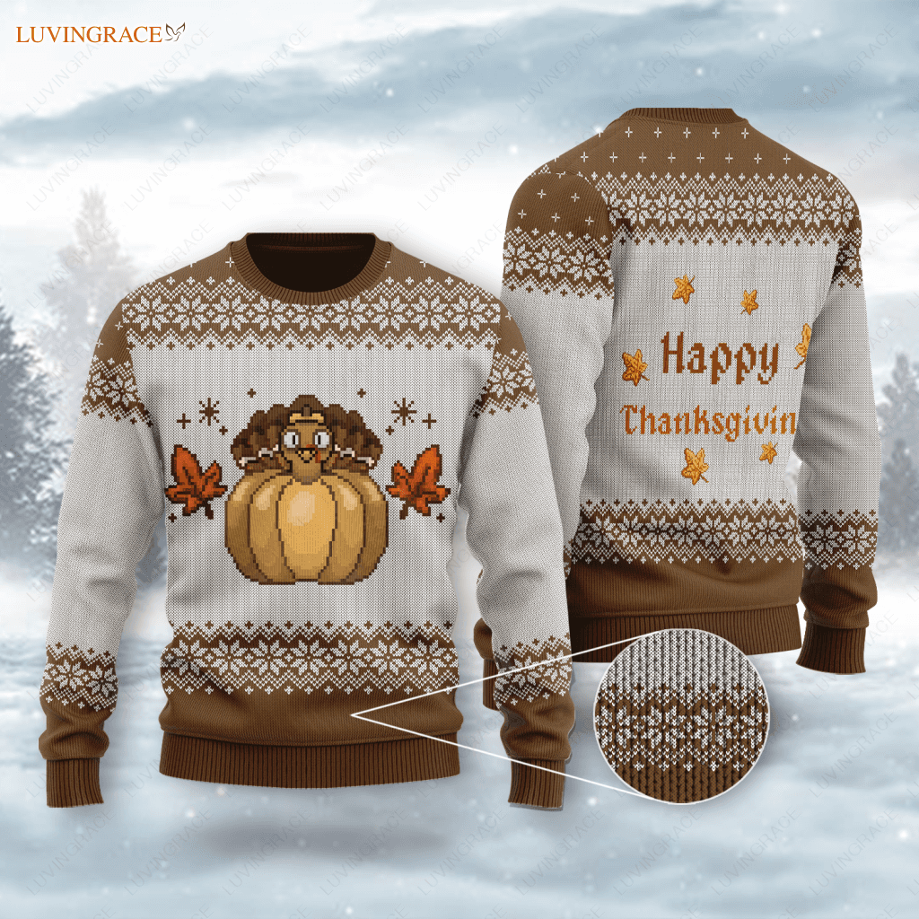 Vintage Happy Thanksgiving Turkey Pumpkin Wool Knitted Pattern Ugly Sweater Sweatshirt