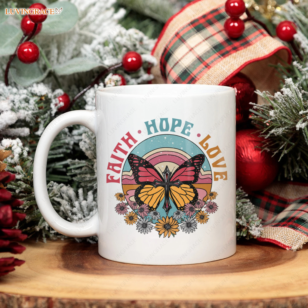 Vintage Hippie Flower Butterfly Cross Faith Hope Love Mug Ceramic