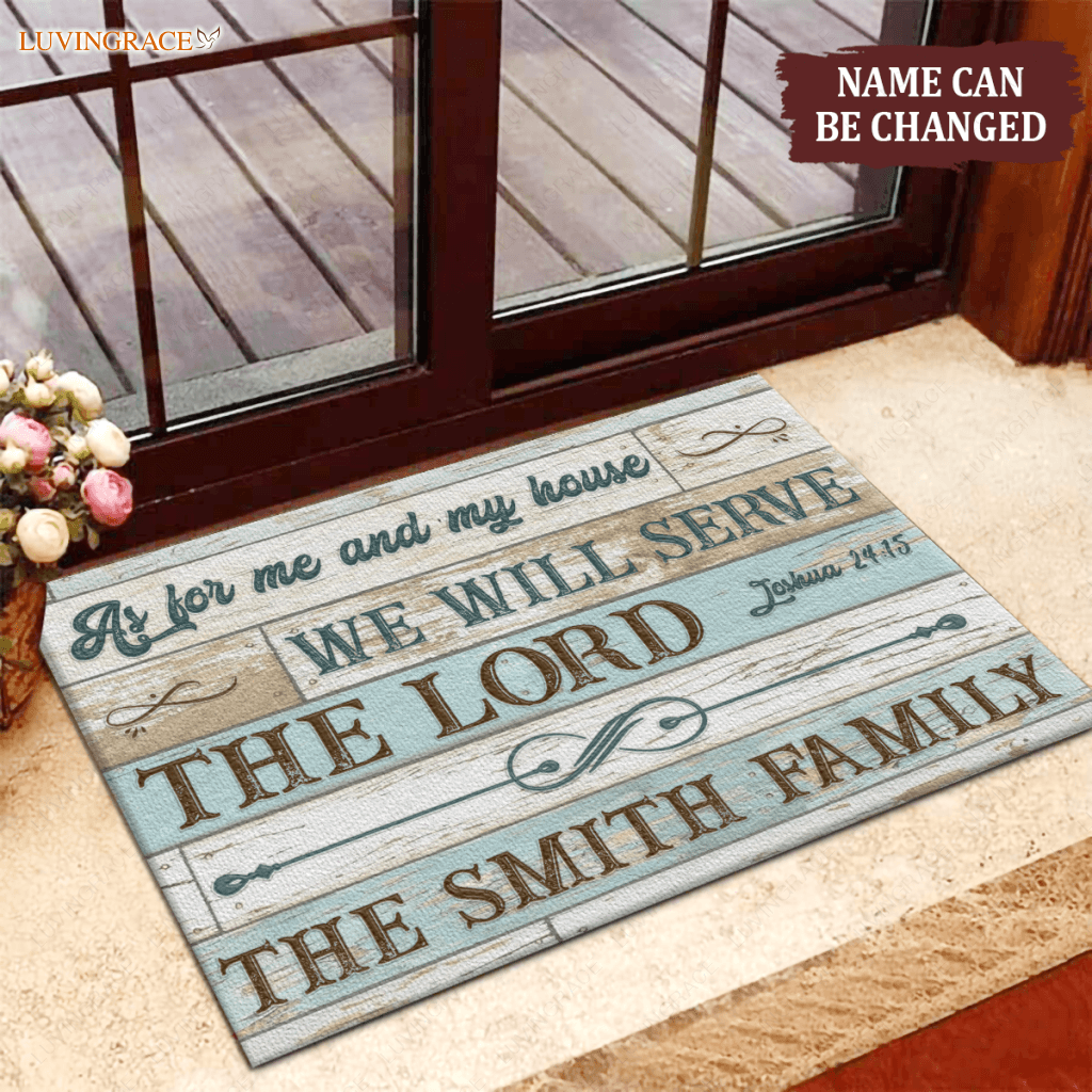 Vintage Old White Blue Wood As For Me And My House Collection Family Name Personalized Doormat