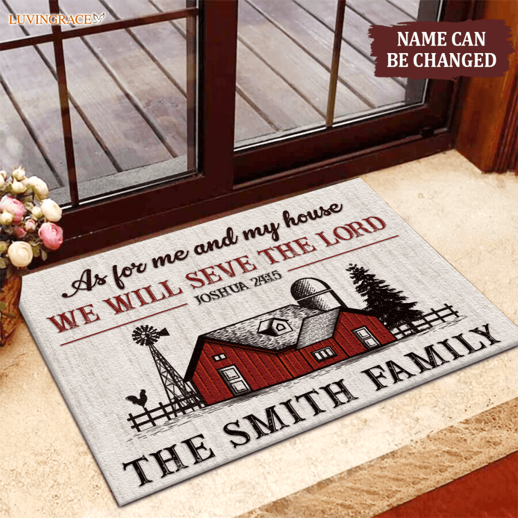Vintage Red Farmhouse As For Me And My House Personalized Doormat