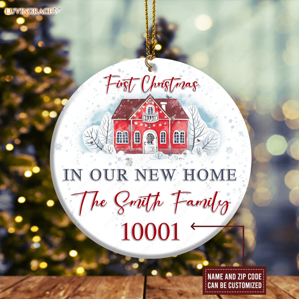 Vintage Red House First Christmas In Our New Home Family Name And Zip Code Personalized Ornament
