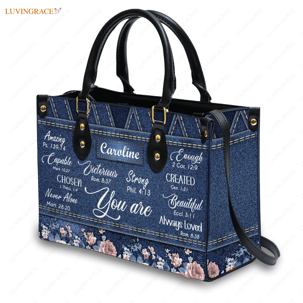 Vintage Roses Floral On Jean Pattern Identity In Christ You Are - Personalized Custom Leather Bag