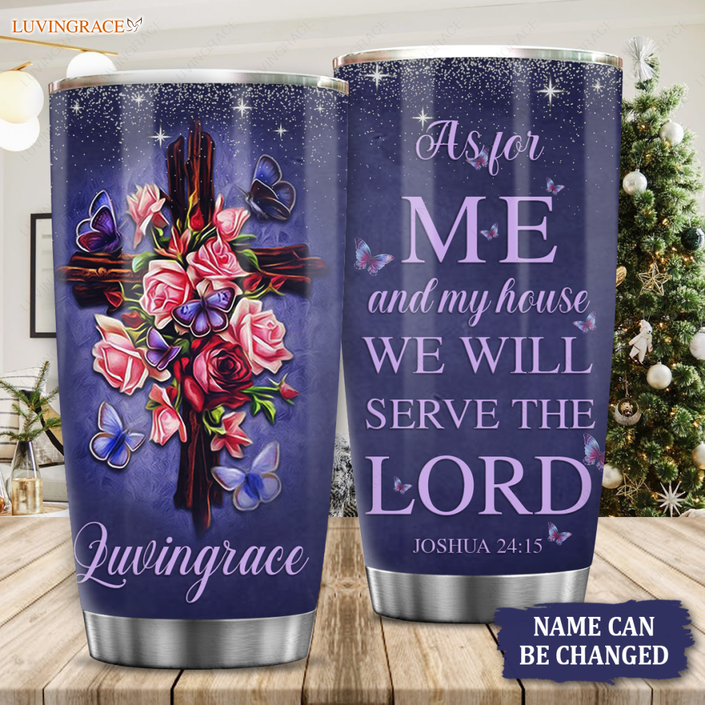 Vintage Roses Wood Cross Faith Butterfly As For Me And My House Personalized Tumbler