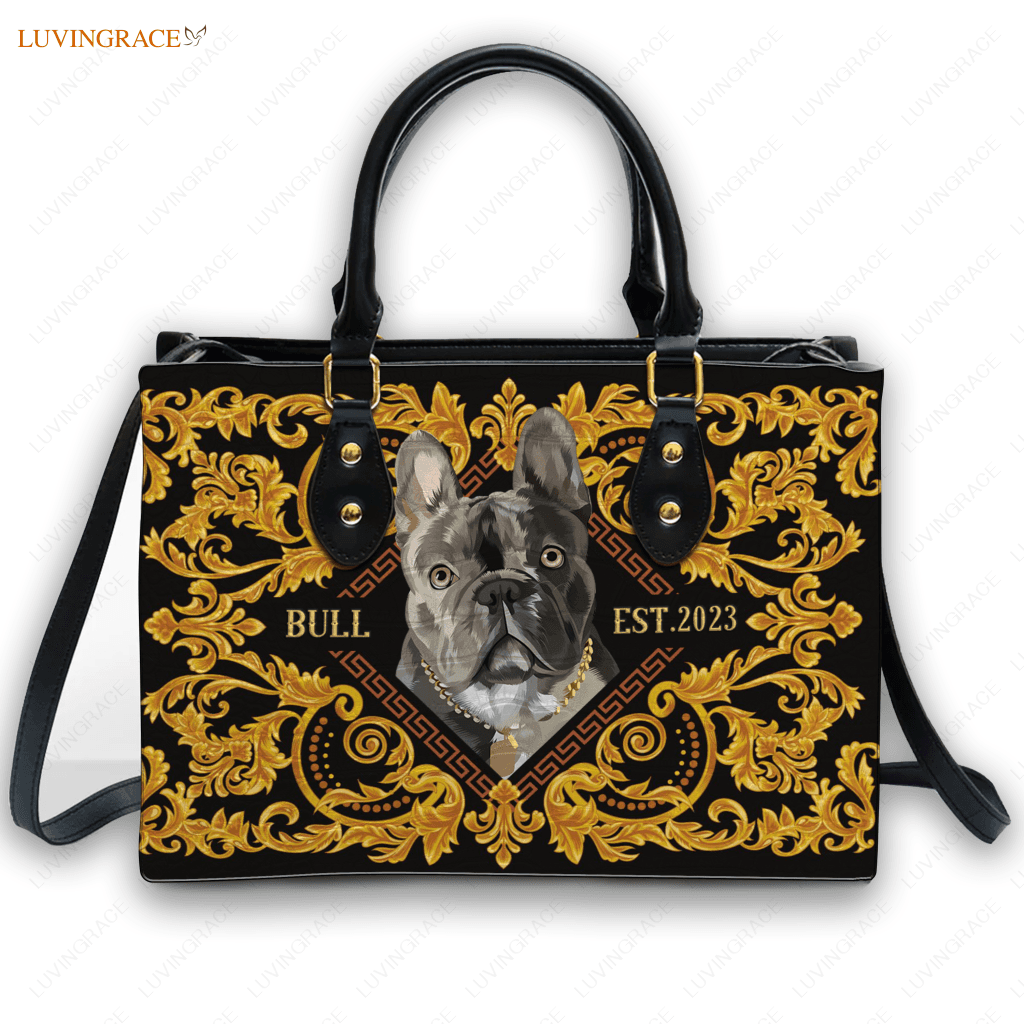Vintage Royal Golden Floral Pet Digital Painting Portrait - Personalized Custom Leather Bag Handbags