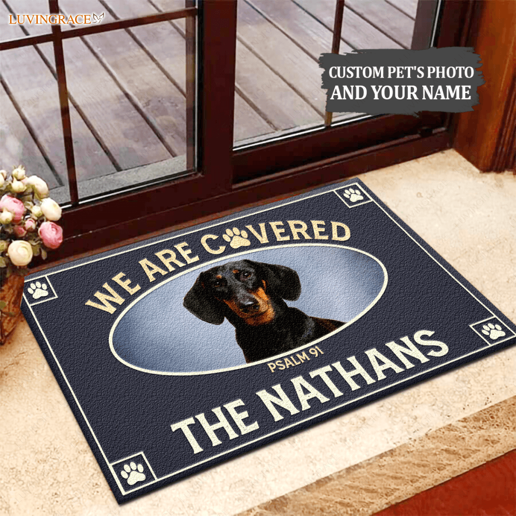 We Are Covered With Jesus And Paw Print Personalized Doormat