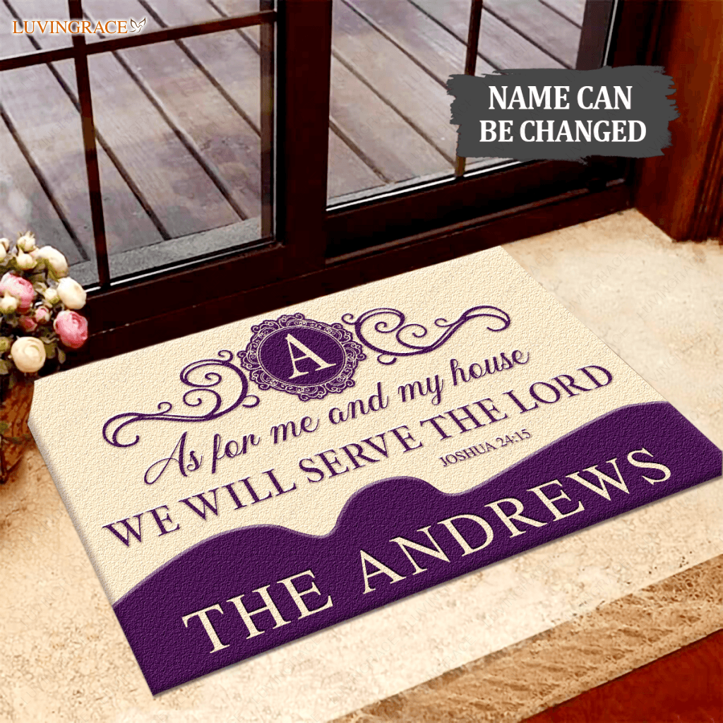 We Will Serve The Lord Purple And Tan Personalized Doormat