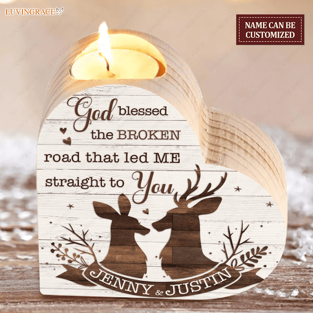 White Wood Floral Deer Couple God Blessed Personalized Candle Holder Heart Shaped
