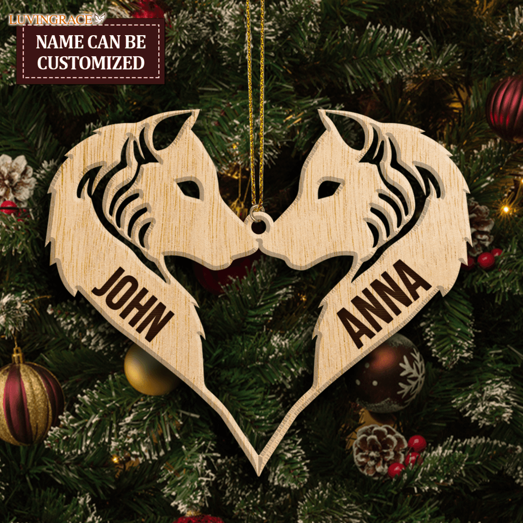 Wolf Couple Heart Personalized Wood Engraved Ornaments Wooden Ornament